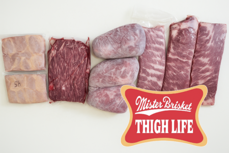 Mister Brisket Thighlife Competition Box Contents: Chicken Thighs, Pork Collars, Ribs, Trimmed Brisket