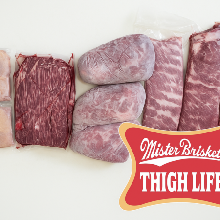 Mister Brisket Thighlife Competition Box Contents: Chicken Thighs, Pork Collars, Ribs, Trimmed Brisket